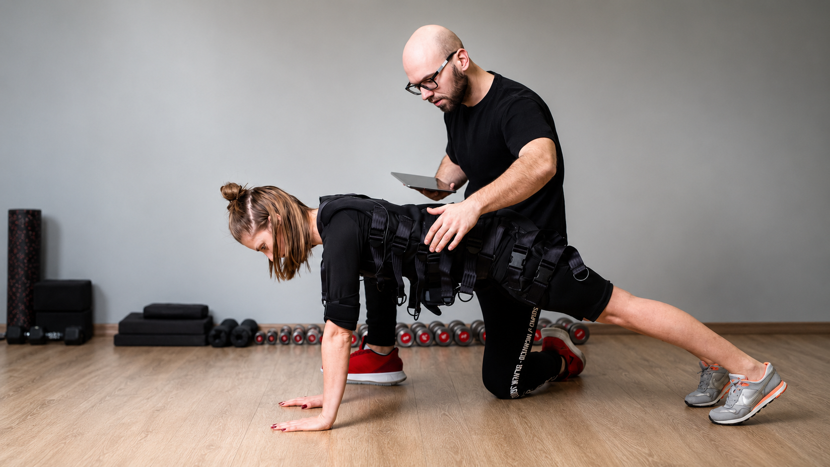 Trening EMS — podpór, klientka pracuje aktywnie w stroju EMS